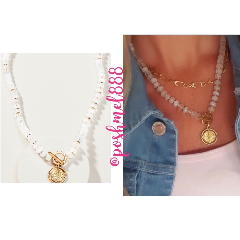 Stella & Dot Modern White Bohemian Beaded Gold Coin Pendant Necklace